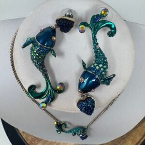 BETSEY JOHNSON Blue Koi Fish Necklace And Earrings Set
